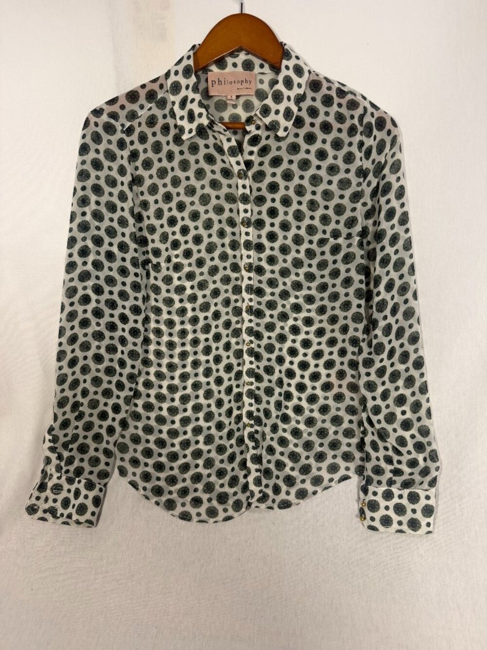 Philosophy Button Down Shirt S Small Sheer Geometric Dot Blouse Long Sleeve Fall